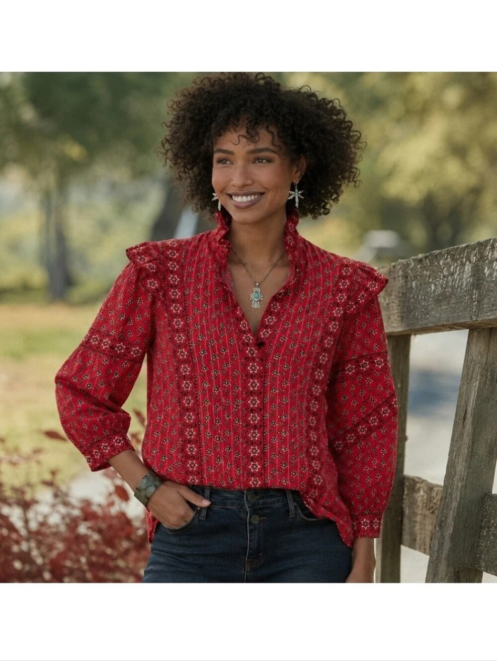 Sundance Cotton Floral Ruffle-Trim Blouse - Picture 5 of 5